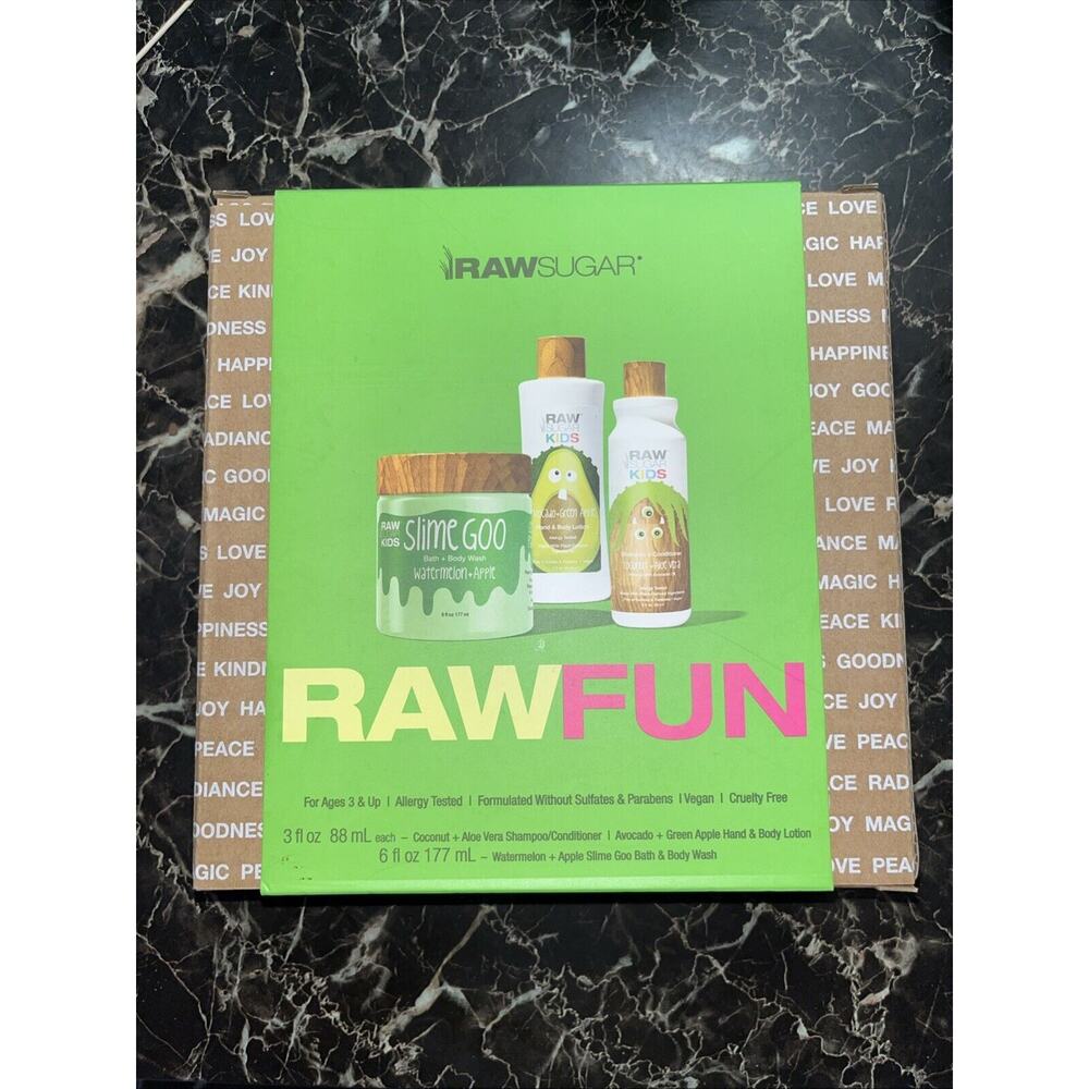 NIB Raw Sugar Kids 3pc Fun Gift Set Shampoo/Conditioner, Lotion, Slime Body Wash